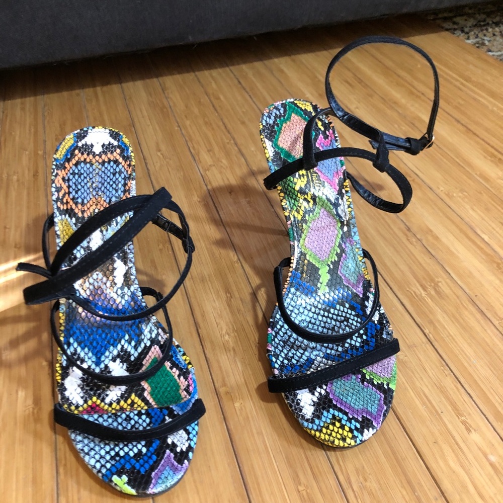 Anne Michelle Strappy Heels Faux Snake Print 4” Stiletto